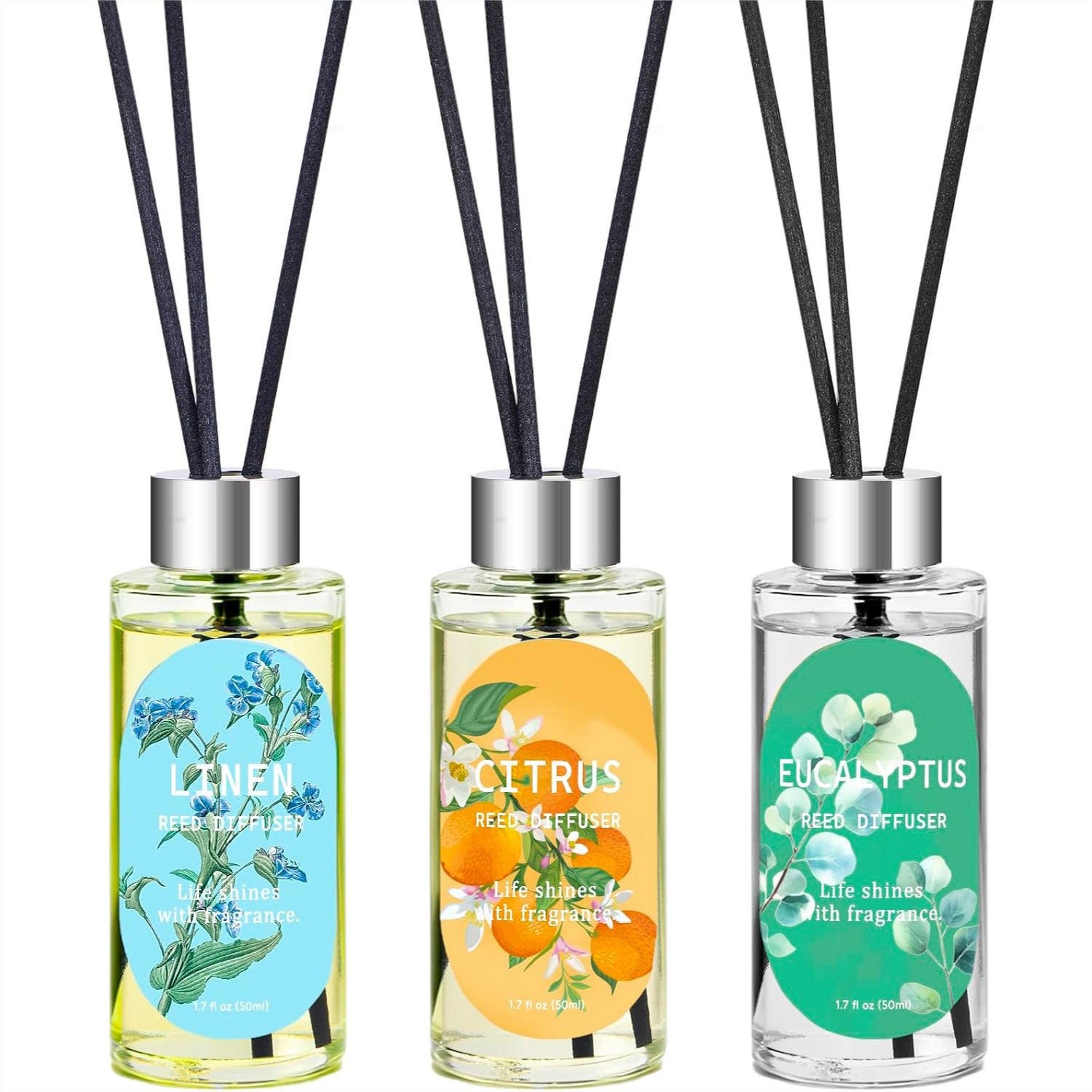 Home Fragrance Linen - 3-Pack Reed Diffuser Set with Eucalyptus,